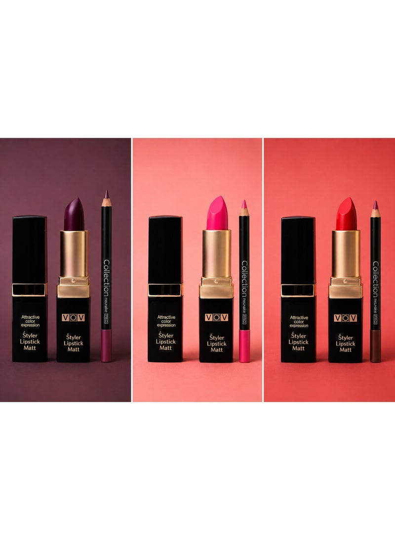 Set of 3 long-lasting creamy lipsticks with 3 free lip liners.