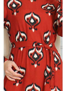 Sefa Merve Patterned Belted Viscose Dress 0491-04 Brick Black  - Image 4