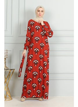 Sefa Merve Patterned Belted Viscose Dress 0491-04 Brick Black  - Image 5