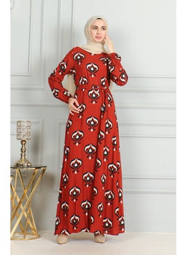 Sefa Merve Patterned Belted Viscose Dress 0491-04 Brick Black  - Image 2