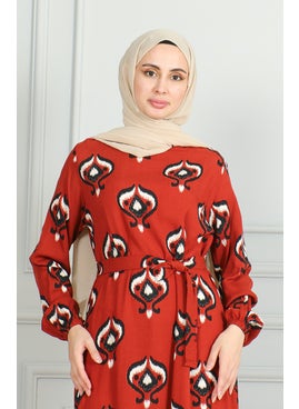 Sefa Merve Patterned Belted Viscose Dress 0491-04 Brick Black  - Image 3
