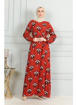 Sefa Merve Patterned Belted Viscose Dress 0491-04 Brick Black  - Image 1