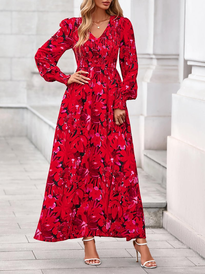 BTFBM Women Spring Wedding Guest Maxi Dresses 2026 Floral V Neck Long Sleeve Boho Long Dress Vacation(Black Red Floral,Small) - Image 2