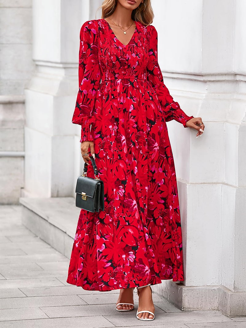 BTFBM Women Spring Wedding Guest Maxi Dresses 2026 Floral V Neck Long Sleeve Boho Long Dress Vacation(Black Red Floral,Small) - Image 4