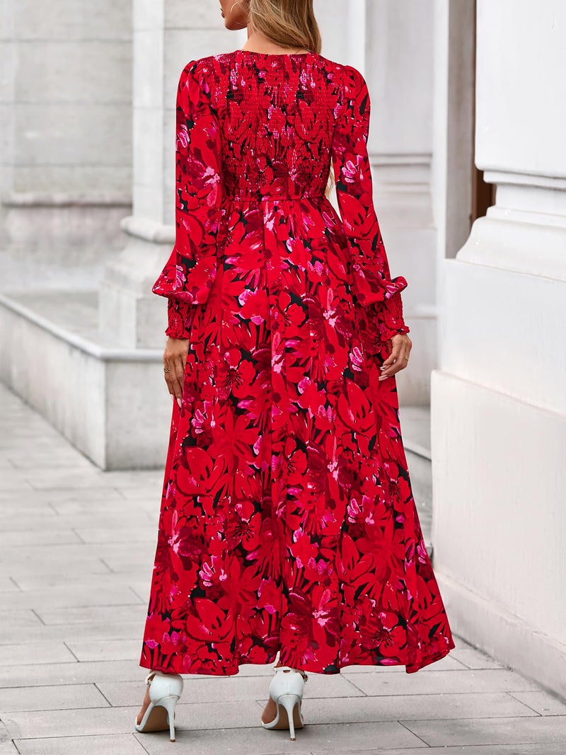 BTFBM Women Spring Wedding Guest Maxi Dresses 2026 Floral V Neck Long Sleeve Boho Long Dress Vacation(Black Red Floral,Small) - Image 3