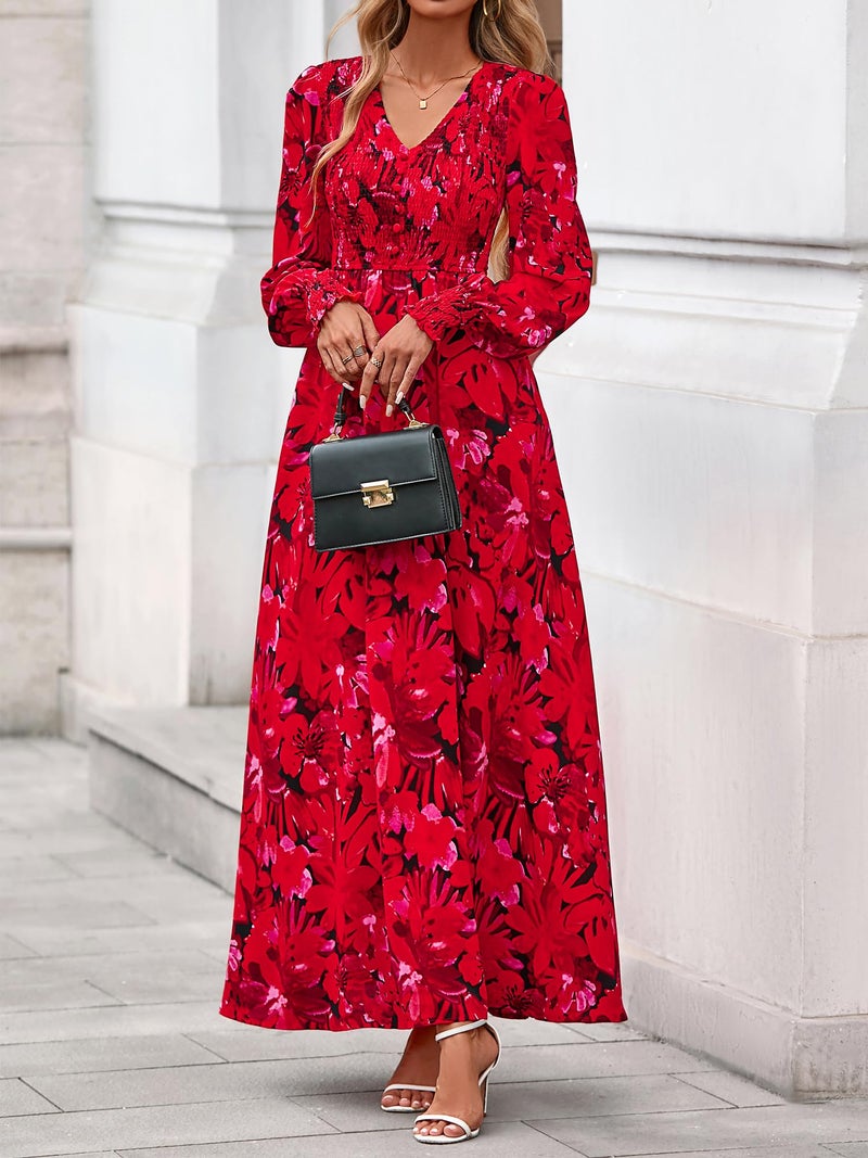 BTFBM Women Spring Wedding Guest Maxi Dresses 2026 Floral V Neck Long Sleeve Boho Long Dress Vacation(Black Red Floral,Small) - Image 5