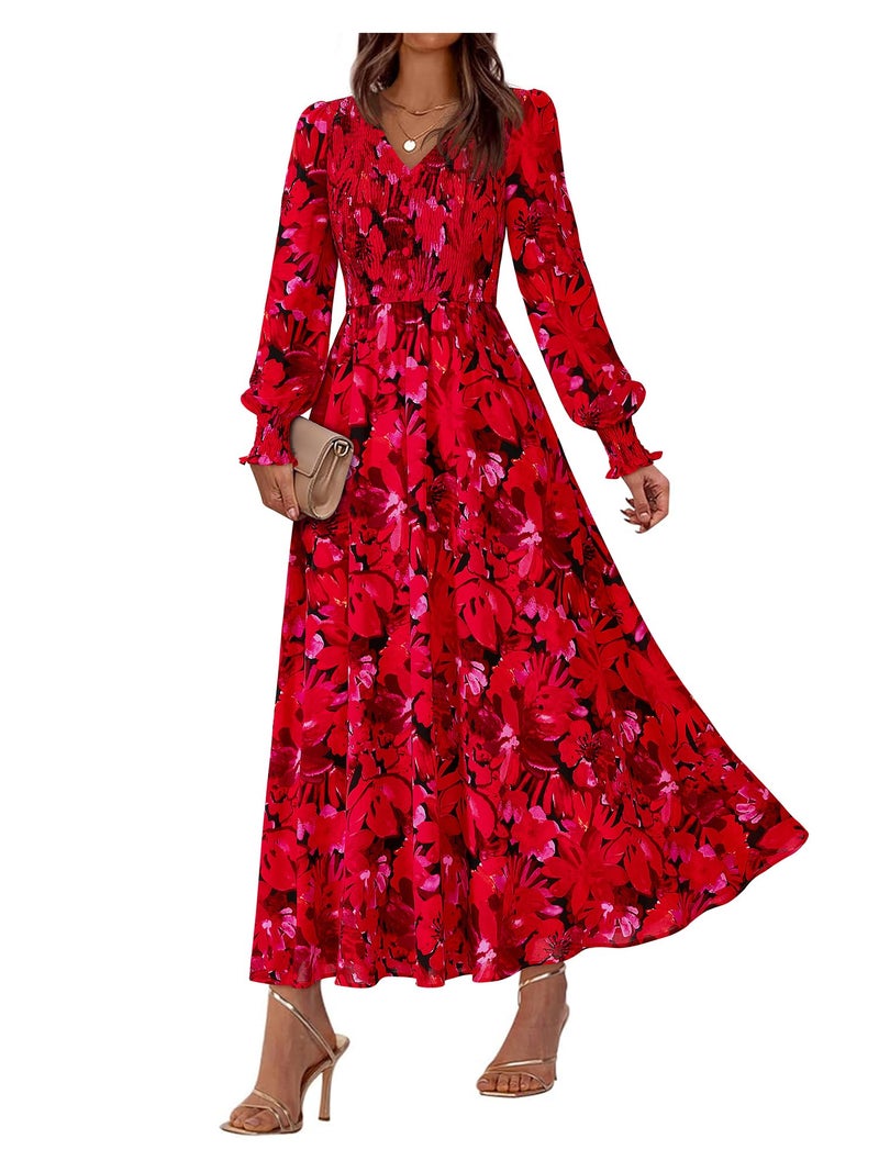 BTFBM Women Spring Wedding Guest Maxi Dresses 2026 Floral V Neck Long Sleeve Boho Long Dress Vacation(Black Red Floral,Small) - Image 1
