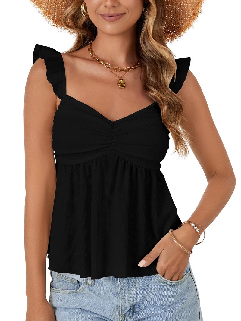 LYANER Women's Peplum Tops Summer Tank Camisole Tops Dressy Casual Ruffle Strap Sleeveless Babydoll Tank Top Black Small - Image 1