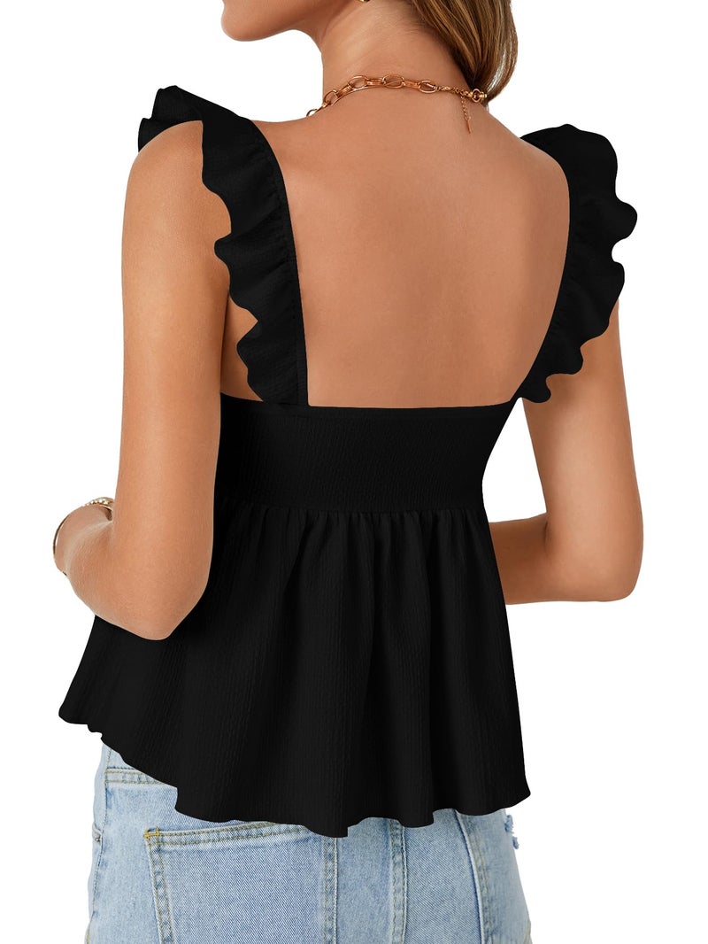 LYANER Women's Peplum Tops Summer Tank Camisole Tops Dressy Casual Ruffle Strap Sleeveless Babydoll Tank Top Black Small - Image 5