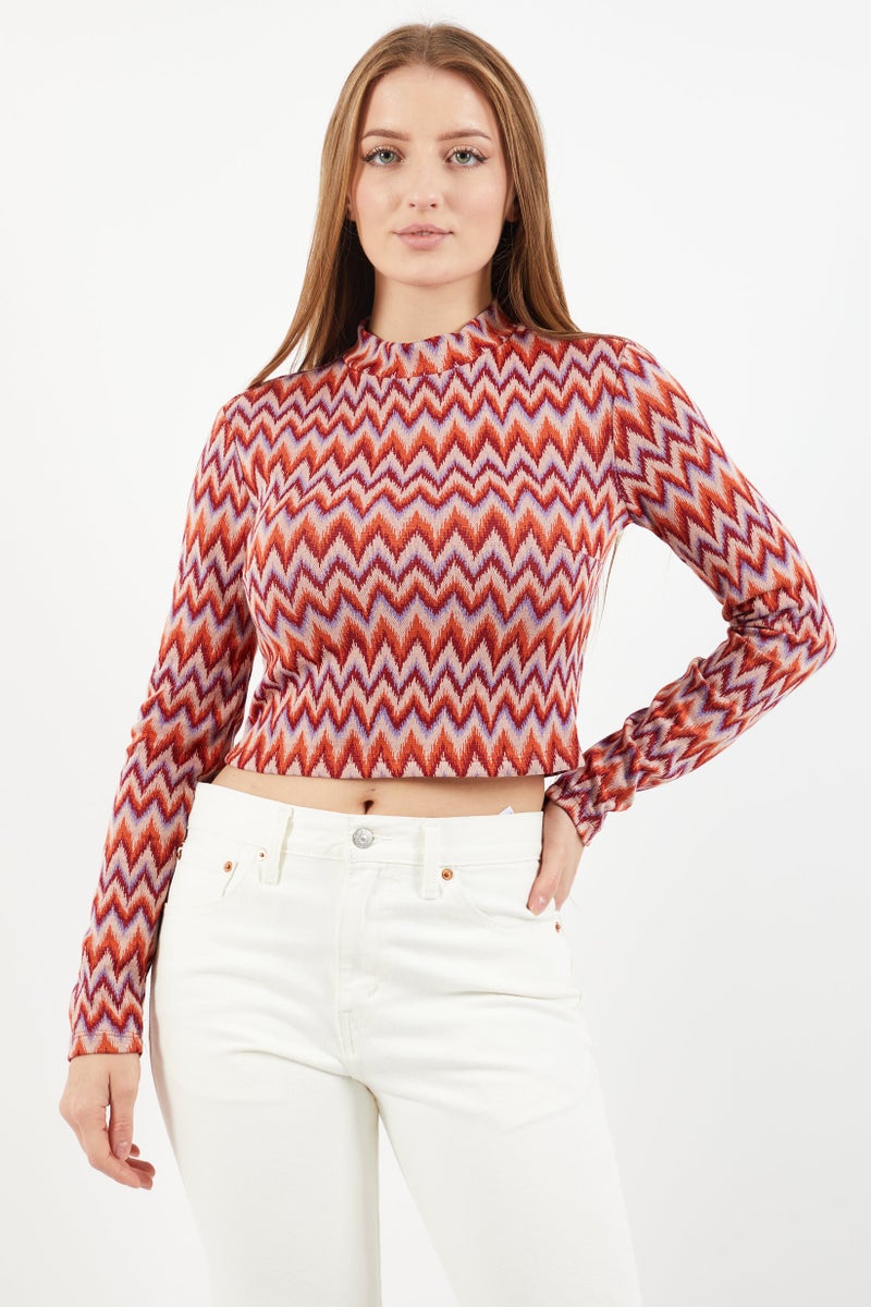 Sinsay Women  High Neck Long Sleeve Allover Printed Top, Red Combo  - Image 1