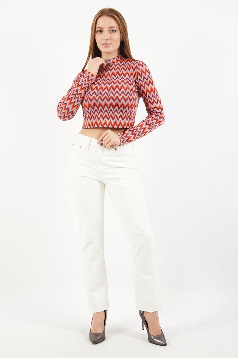 Sinsay Women  High Neck Long Sleeve Allover Printed Top, Red Combo  - Image 4
