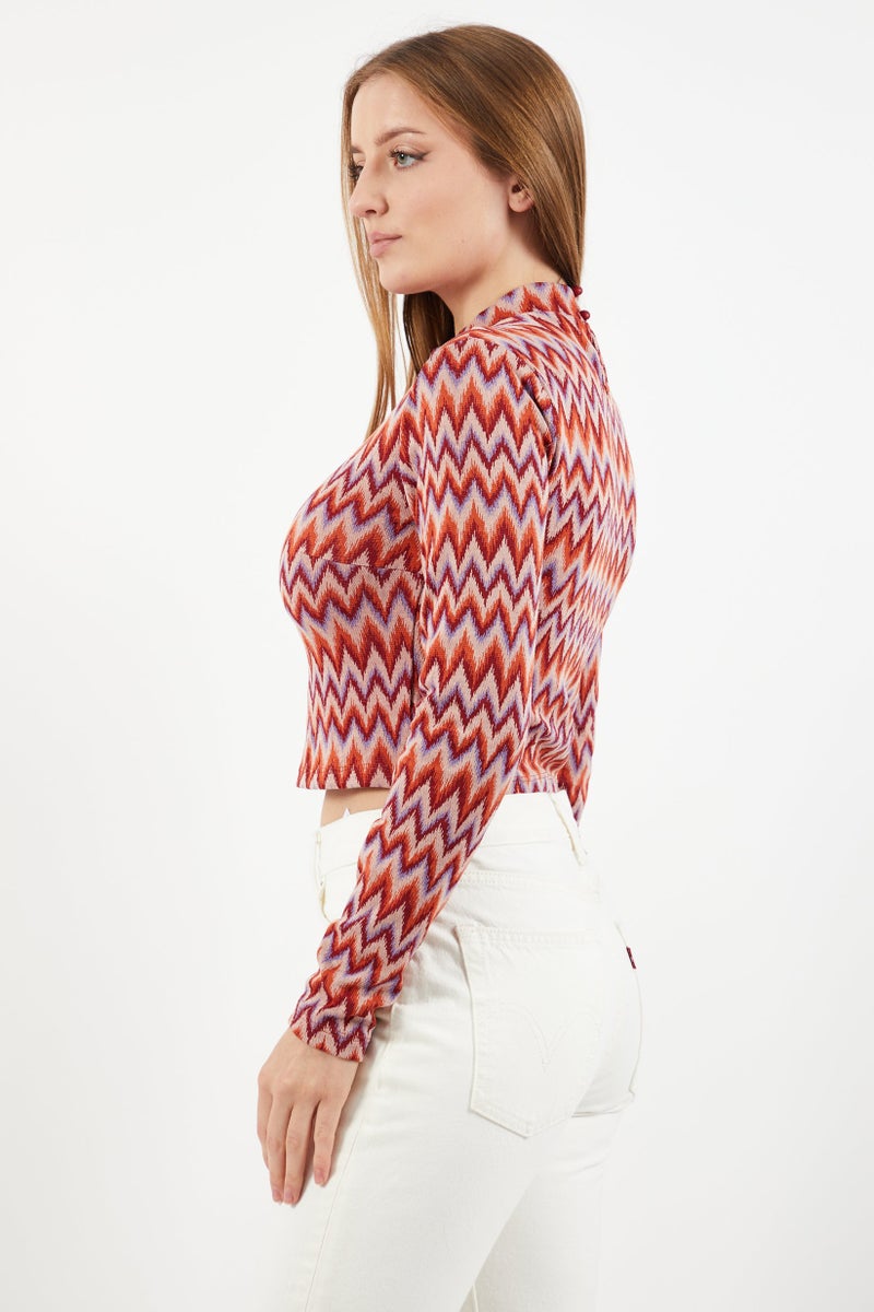 Sinsay Women  High Neck Long Sleeve Allover Printed Top, Red Combo  - Image 2