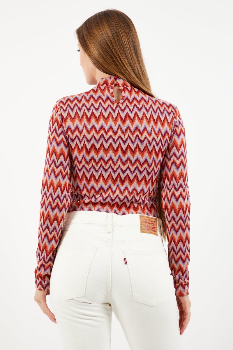 Sinsay Women  High Neck Long Sleeve Allover Printed Top, Red Combo  - Image 3