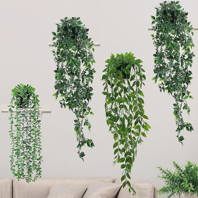 SET OF 4 ARTIFICIAL HANGING PLANTS FAKE PLANTS WITH POTS ARTIFICIAL VINES PLANTS INDOOR OUTDOOR FOR WALL HOME KITCHEN GARDEN OFFICE DECORATION