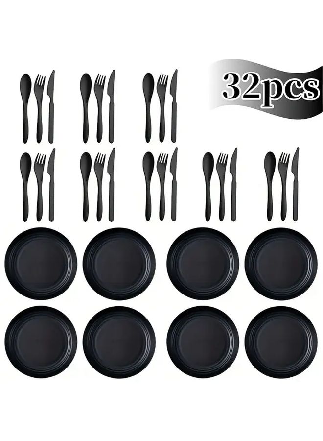 32 Piece Heavy Duty Plastic Dinnerware Set With Plates Bowls Utensils And Spoons Shatterproof Dishwasher Safe Fridge Safe For Nursing Homes Assisted Living Care Reusable Mealtime Kit - Image 1