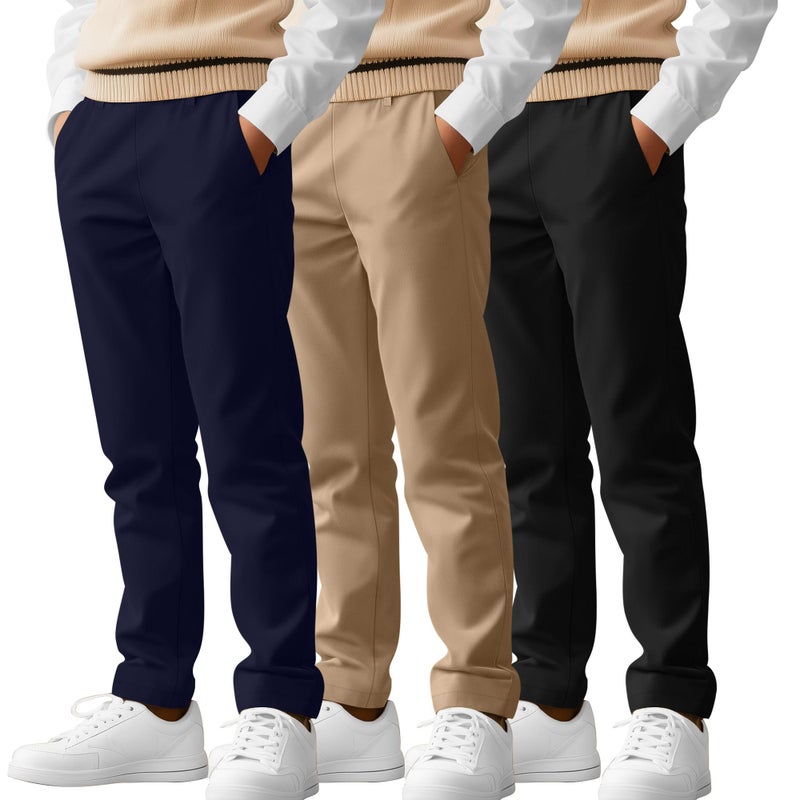 LessonZoo 3 Pack Boys' School Uniform Pants 6-14Y Elastic Waist Stretch Youth Trousers with Pockets Straight Fit for Kids(10-11 Years,Navy Blue, Khaki, Black) - Image 1