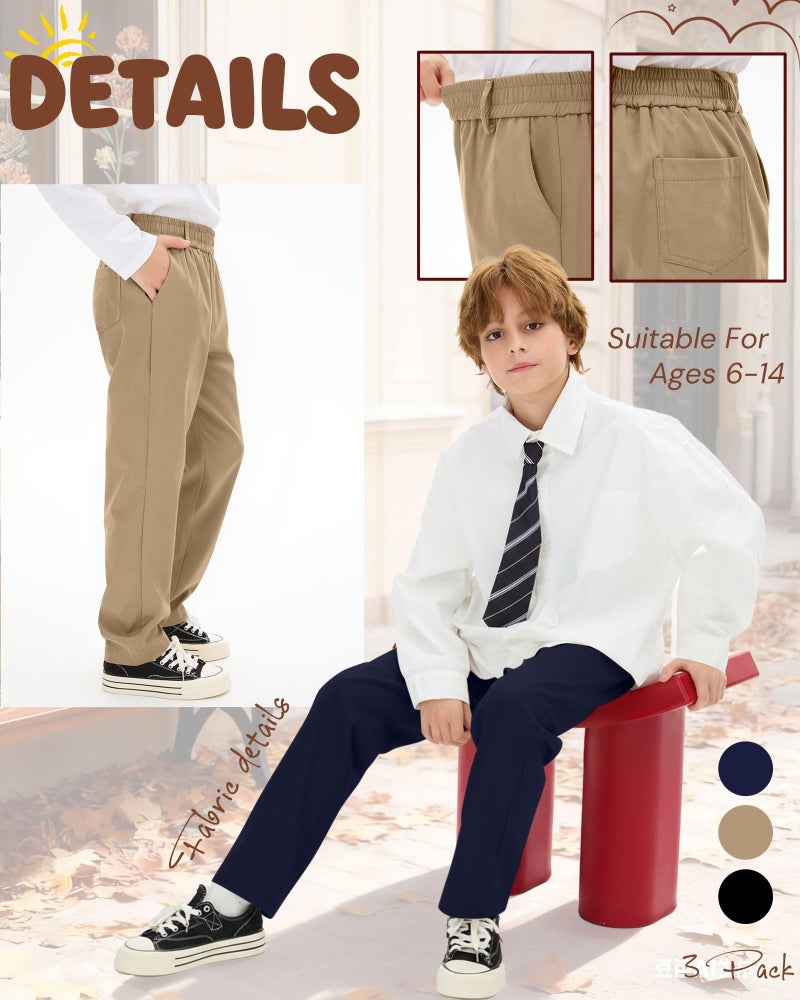 LessonZoo 3 Pack Boys' School Uniform Pants 6-14Y Elastic Waist Stretch Youth Trousers with Pockets Straight Fit for Kids(10-11 Years,Navy Blue, Khaki, Black) - Image 2