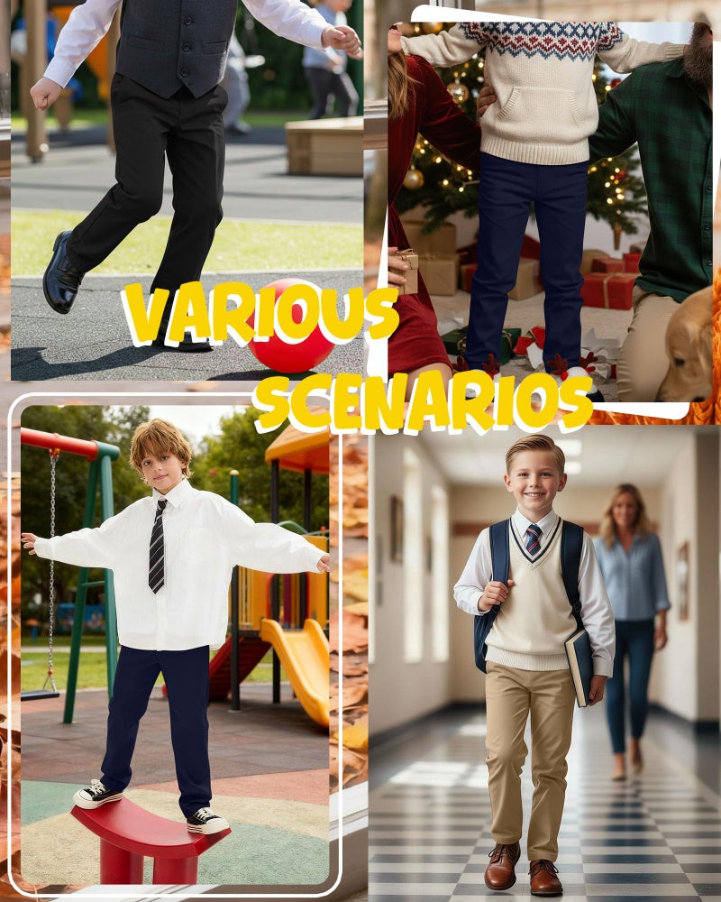 LessonZoo 3 Pack Boys' School Uniform Pants 6-14Y Elastic Waist Stretch Youth Trousers with Pockets Straight Fit for Kids(10-11 Years,Navy Blue, Khaki, Black) - Image 4