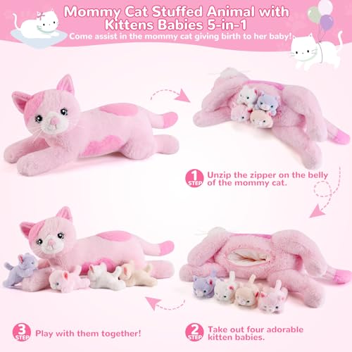 gnomantic 5 Pieces Cat Stuffed Animals with Babies Inside Belly 1 Mommy Stuffed Cat with 4 Kittens Stuffed Kitty Plush Toys for Kid Age 38 Gift Ideal for Christmas Valentines Birthday Pink - Image 5