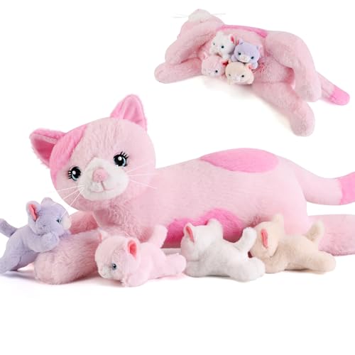 gnomantic 5 Pieces Cat Stuffed Animals with Babies Inside Belly 1 Mommy Stuffed Cat with 4 Kittens Stuffed Kitty Plush Toys for Kid Age 38 Gift Ideal for Christmas Valentines Birthday Pink - Image 1