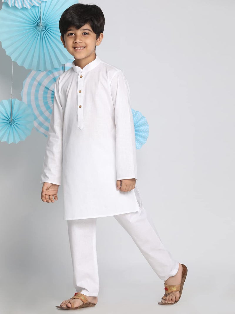 VASTRAMAY Boys' Cotton Blend Solid Kurta Pyjama Set | Kids Ethnic Festive Attire | Traditional Outfit (VASBK007WHnPCWH_34) - Image 2