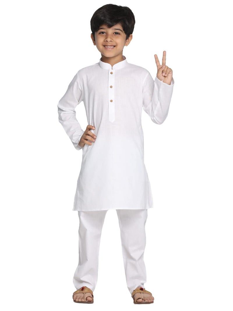 VASTRAMAY Boys' Cotton Blend Solid Kurta Pyjama Set | Kids Ethnic Festive Attire | Traditional Outfit (VASBK007WHnPCWH_34) - Image 1