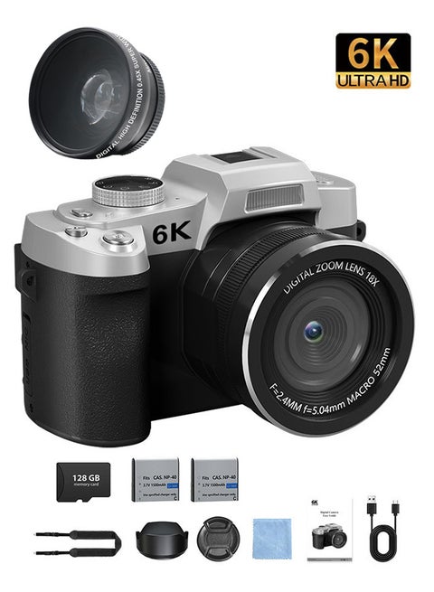 6K Digital Camera, with 128G TF Card ,UHD 84MP Autofocus WiFi DSLR Camera with 18X Zoom, 3 Inch 180° Flip Screen, Built in Flash, for Travel Vlog Video, With Wide lens, 2 batteries