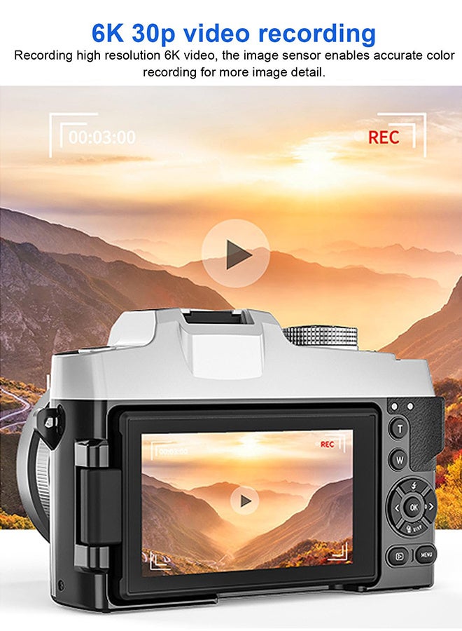 6K Digital Camera, with 128G TF Card ,UHD 84MP Autofocus WiFi DSLR Camera with 18X Zoom, 3 Inch 180° Flip Screen, Built in Flash, for Travel Vlog Video, With Wide lens, 2 batteries