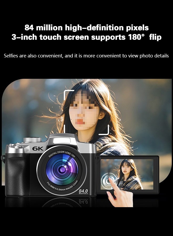 6K Digital Camera, with 128G TF Card ,UHD 84MP Autofocus WiFi DSLR Camera with 18X Zoom, 3 Inch 180° Flip Screen, Built in Flash, for Travel Vlog Video, With Wide lens, 2 batteries
