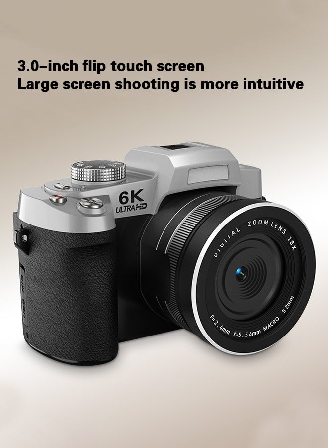 6K Digital Camera, with 128G TF Card ,UHD 84MP Autofocus WiFi DSLR Camera with 18X Zoom, 3 Inch 180° Flip Screen, Built in Flash, for Travel Vlog Video, With Wide lens, 2 batteries