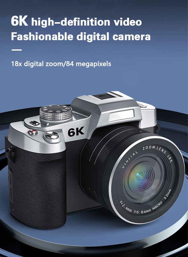 6K Digital Camera, with 128G TF Card ,UHD 84MP Autofocus WiFi DSLR Camera with 18X Zoom, 3 Inch 180° Flip Screen, Built in Flash, for Travel Vlog Video, With Wide lens, 2 batteries