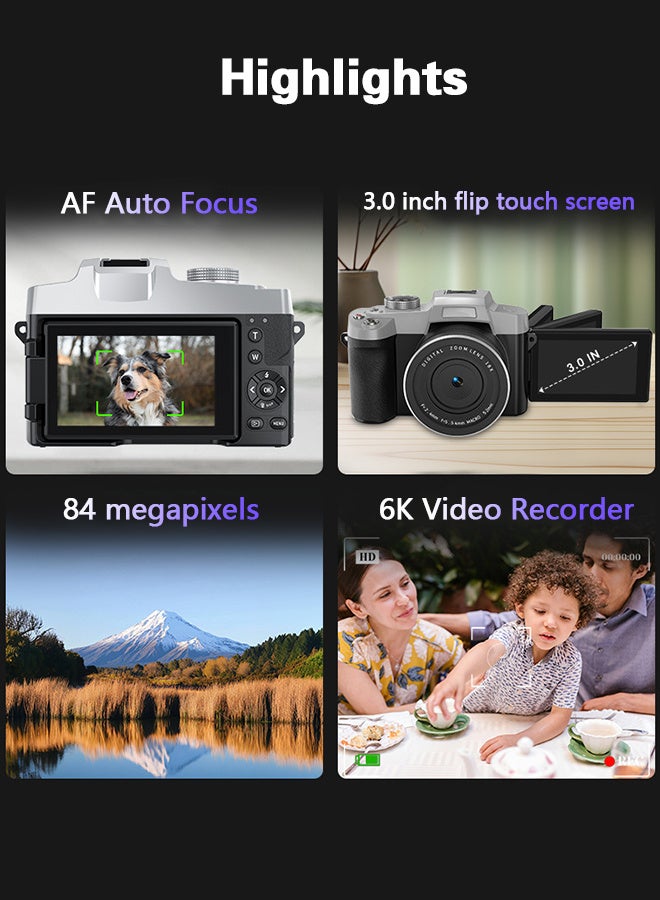6K Digital Camera, with 128G TF Card ,UHD 84MP Autofocus WiFi DSLR Camera with 18X Zoom, 3 Inch 180° Flip Screen, Built in Flash, for Travel Vlog Video, With Wide lens, 2 batteries