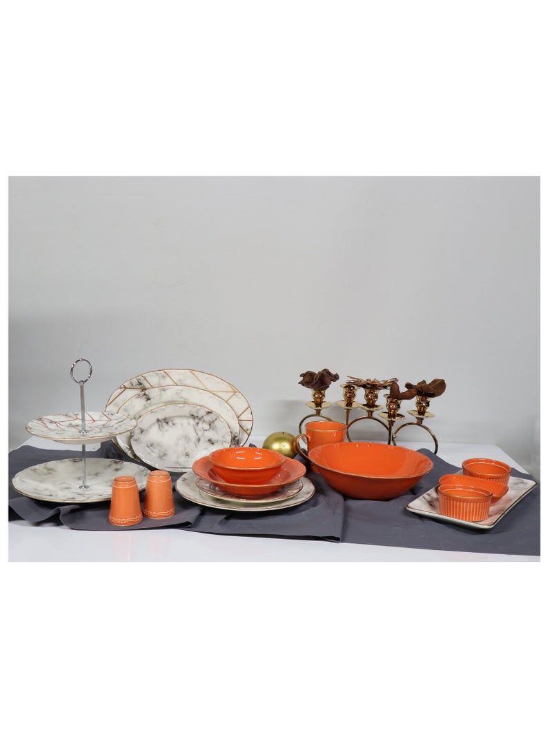 Turkish Porcelain Dinner Set – 43 Pieces : 6 large plates, 6 small plates, 6 deep large plates, 6 large soup bowls, 6 large coffee mugs, 3 serving plates in different sizes, 2-tier serving stand, 4-piece serving set, 2 fruit plates, 2 salt shakers, 1 large salad bowl. - Image 2
