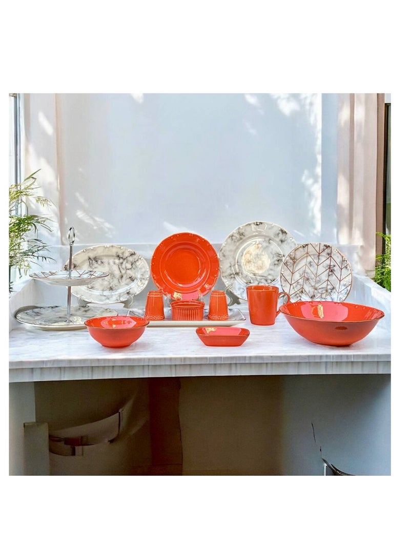 Turkish Porcelain Dinner Set – 43 Pieces : 6 large plates, 6 small plates, 6 deep large plates, 6 large soup bowls, 6 large coffee mugs, 3 serving plates in different sizes, 2-tier serving stand, 4-piece serving set, 2 fruit plates, 2 salt shakers, 1 large salad bowl. - Image 1
