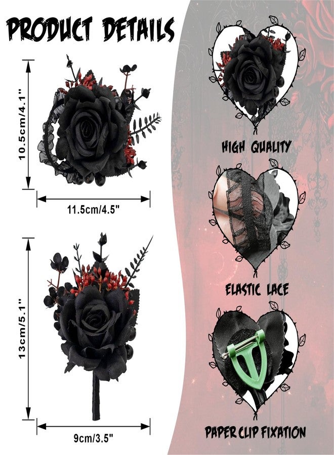 QZV Black Wrist Corsage and Boutonniere Set Gothic Flowers Bouquet for Wedding Flower Accessories Prom Suit Decorations-Black and Red - Image 2
