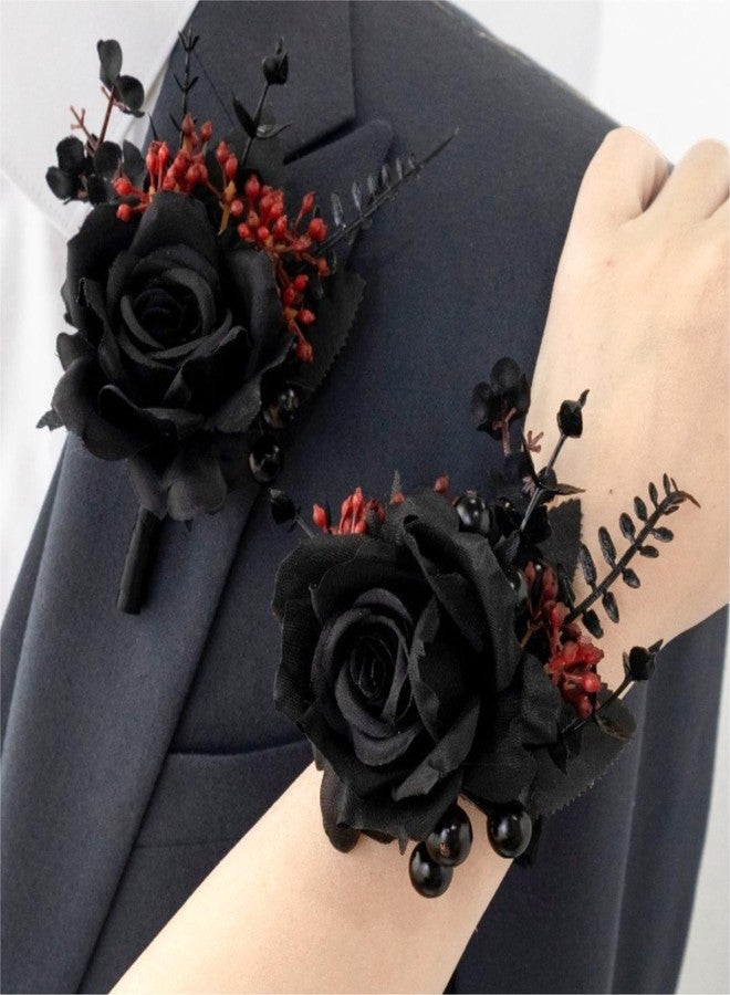 QZV Black Wrist Corsage and Boutonniere Set Gothic Flowers Bouquet for Wedding Flower Accessories Prom Suit Decorations-Black and Red - Image 3