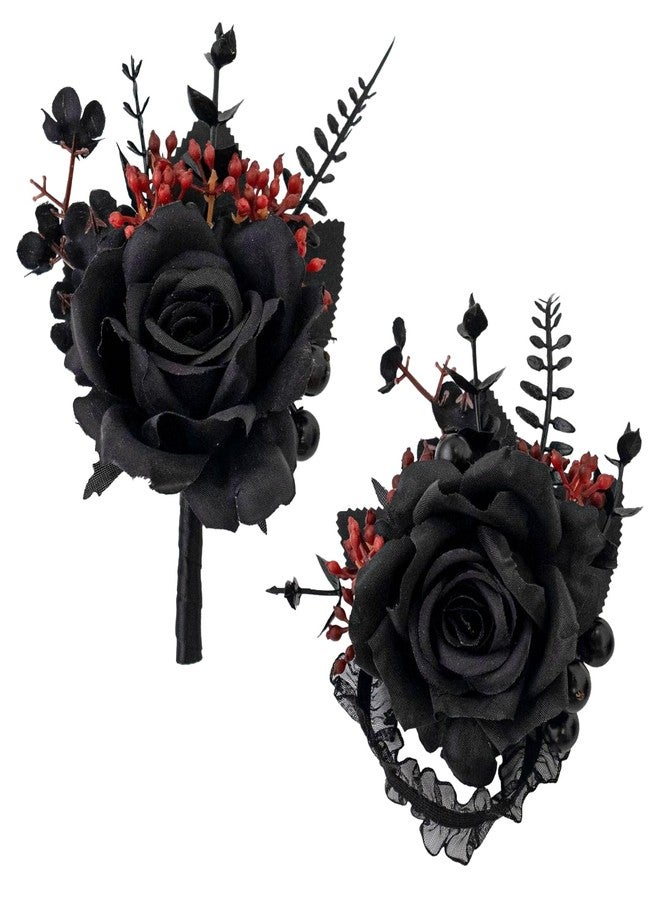 QZV Black Wrist Corsage and Boutonniere Set Gothic Flowers Bouquet for Wedding Flower Accessories Prom Suit Decorations-Black and Red - Image 1
