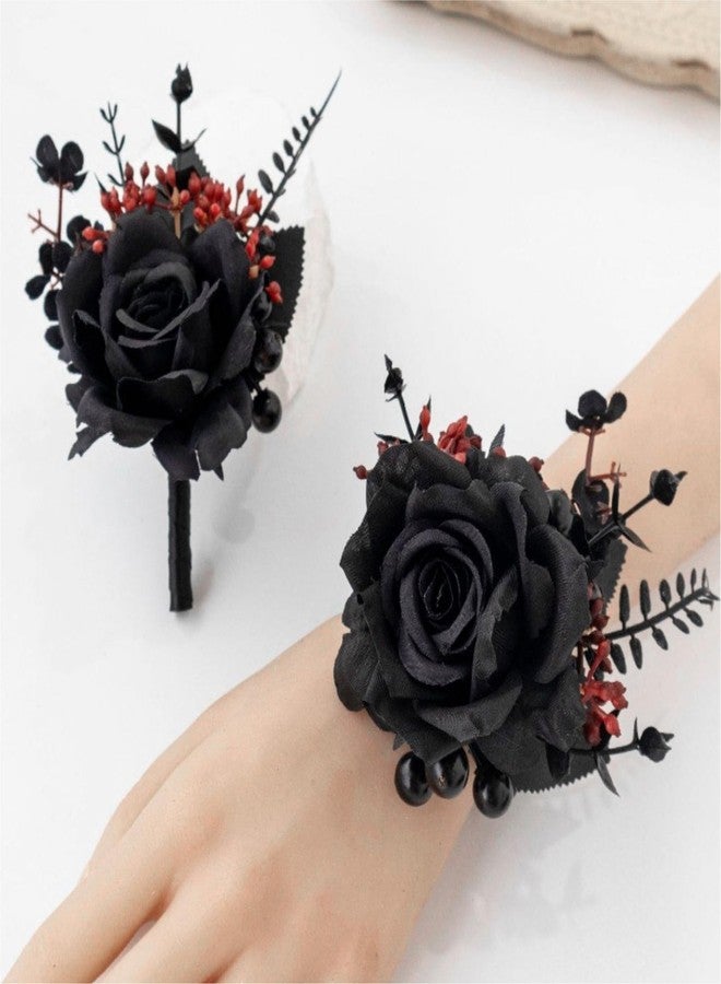 QZV Black Wrist Corsage and Boutonniere Set Gothic Flowers Bouquet for Wedding Flower Accessories Prom Suit Decorations-Black and Red - Image 4