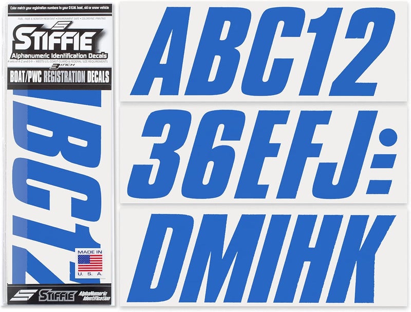 Stiffie Shift Blue 3" ID Kit Alpha-Numeric Registration Identification Numbers Stickers Decals for Boats & Personal Watercraft - Image 1