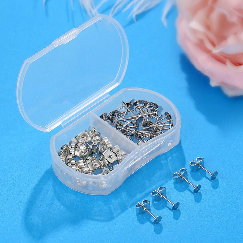 Formulen 100pcs Hypoallergenic Stainless Steel Earrings Posts Flat Pad Blank Earring Pin Studs with Butterfly Earring Backs for Jewelry Making Findings (4mm) - Image 3