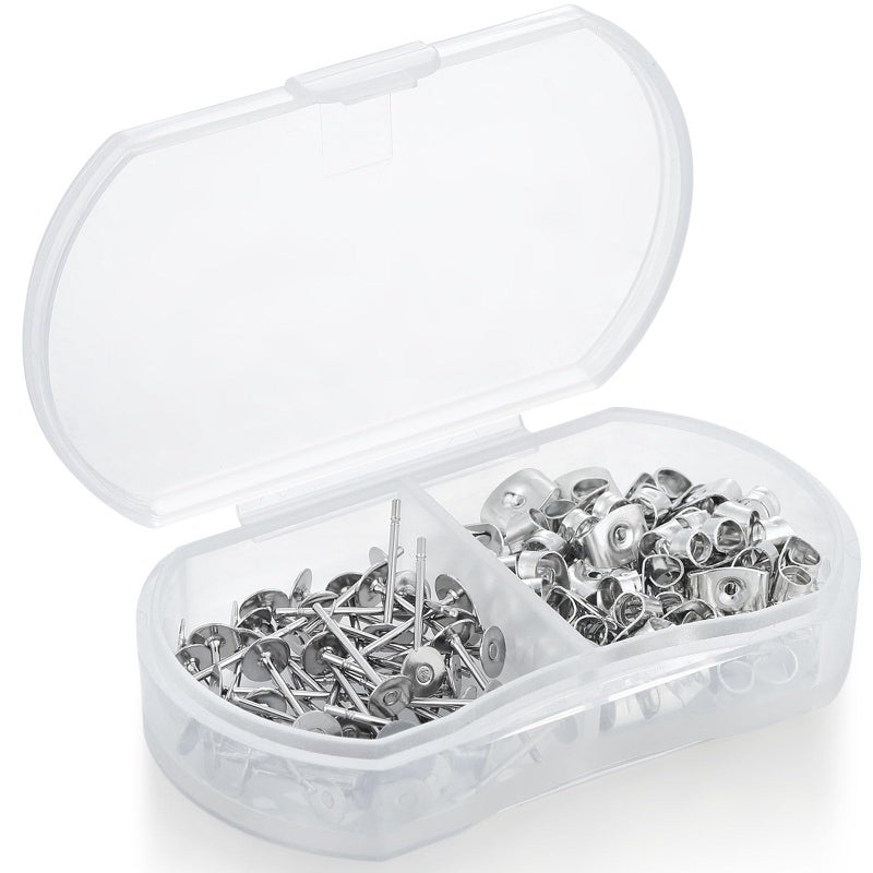 Formulen 100pcs Hypoallergenic Stainless Steel Earrings Posts Flat Pad Blank Earring Pin Studs with Butterfly Earring Backs for Jewelry Making Findings (4mm) - Image 1