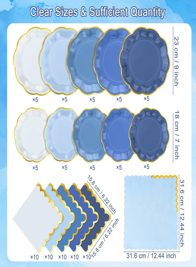 Kochorie 100 Pcs Dusty Blue Paper Plates and Napkins Gold Foil Scalloped Paper Plates & Napkins Disposable Tableware Set for Birthday Wedding Baby Shower Party Decorations - Image 2