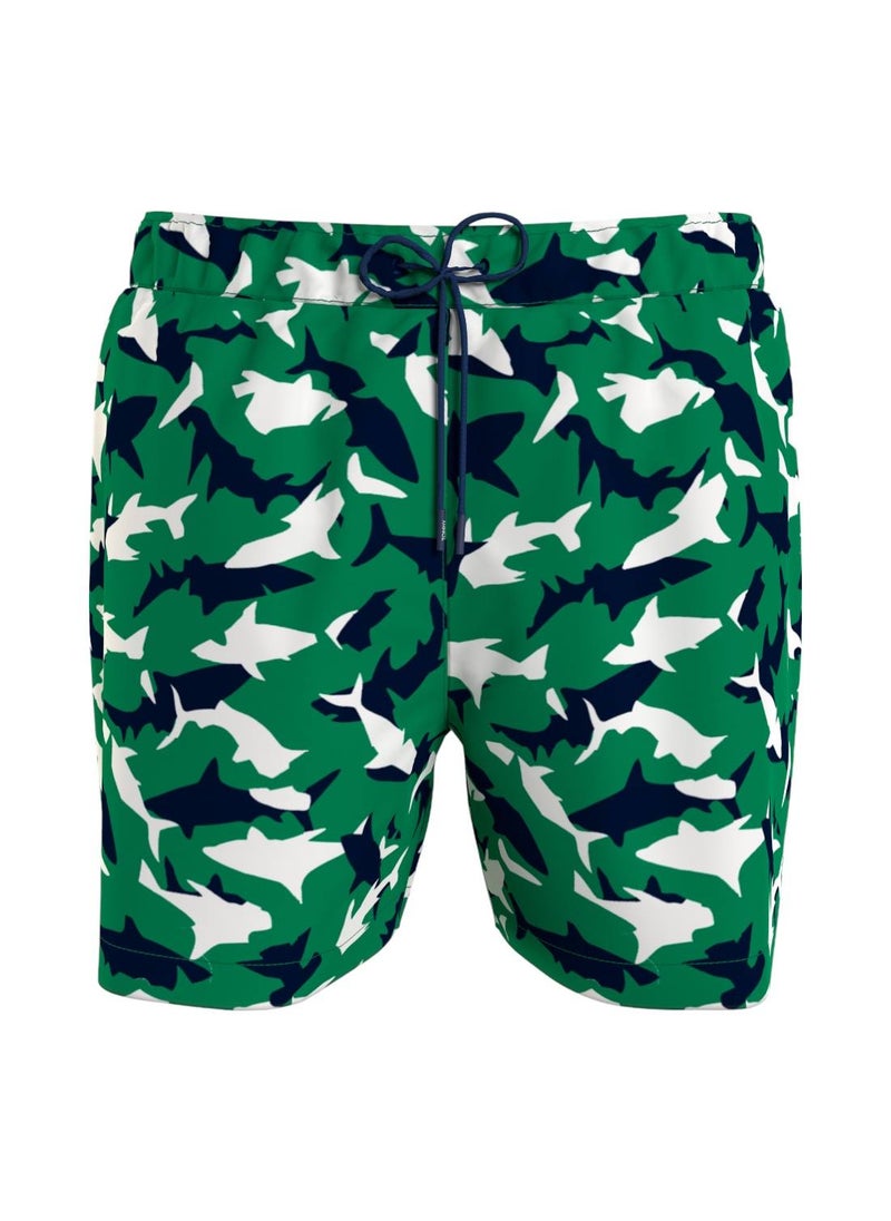 TOMMY HILFIGER - Men's Print Drawstring Mid Length Swim Shorts - Polyester, Green - Image 1