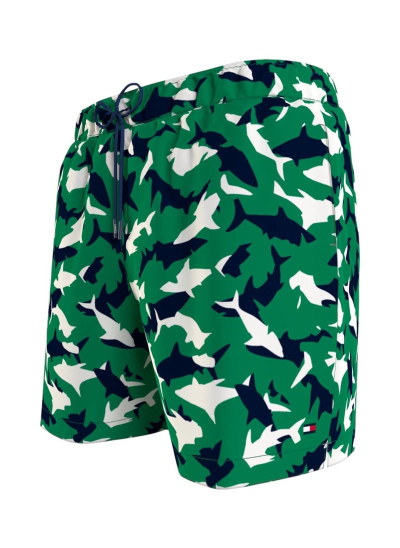 TOMMY HILFIGER - Men's Print Drawstring Mid Length Swim Shorts - Polyester, Green - Image 1