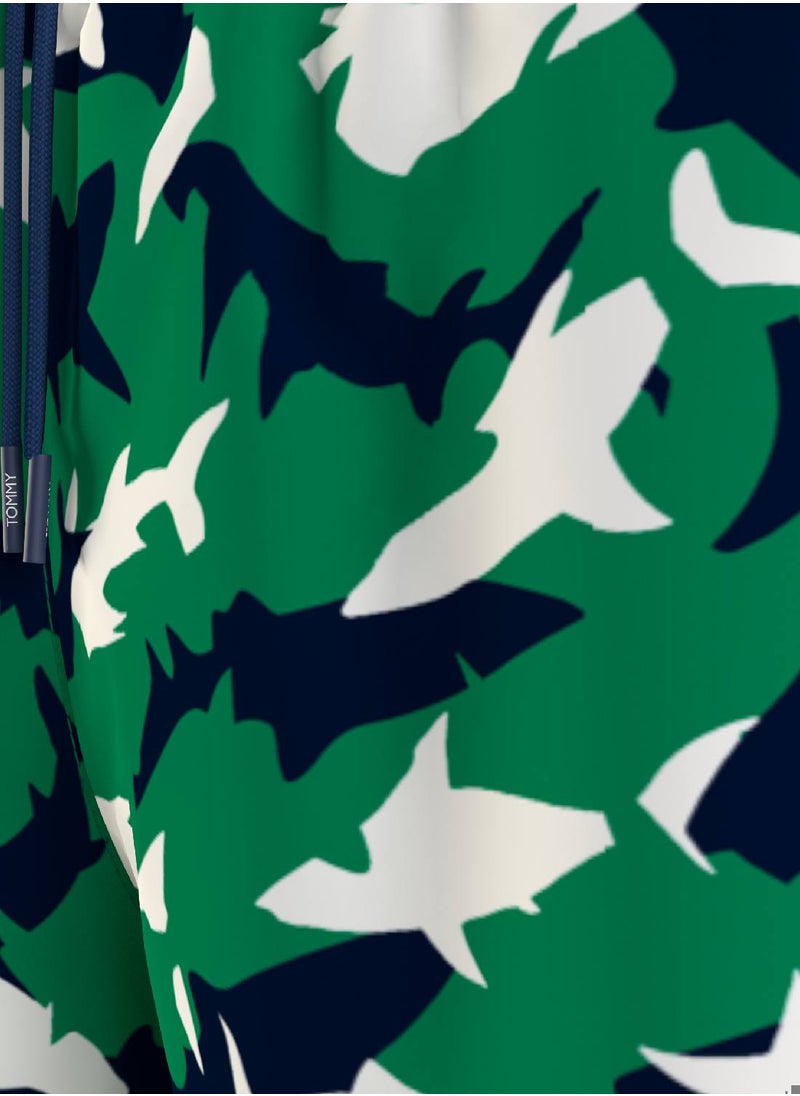 TOMMY HILFIGER - Men's Print Drawstring Mid Length Swim Shorts - Polyester, Green - Image 1
