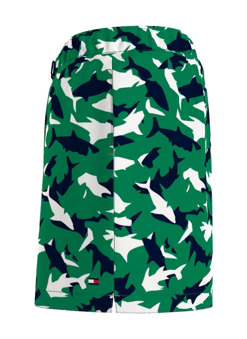 TOMMY HILFIGER - Men's Print Drawstring Mid Length Swim Shorts - Polyester, Green - Image 1