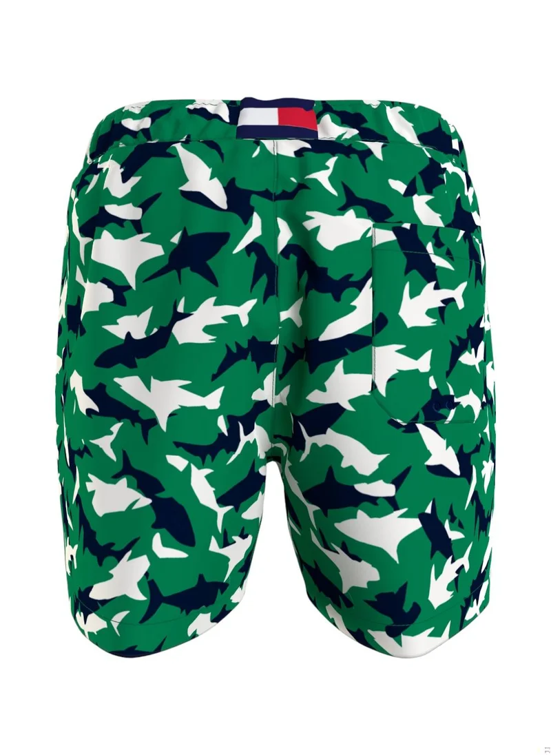 TOMMY HILFIGER Men's Print Drawstring Mid Length Swim Shorts - Polyester, Green