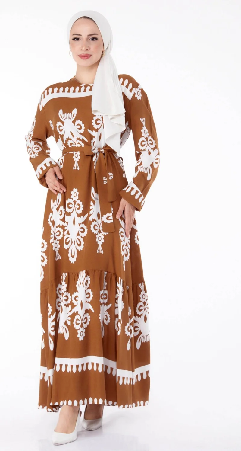 Tofisa Plain Crew Neck Women's Tan Ethnic Patterned Dress - 25601