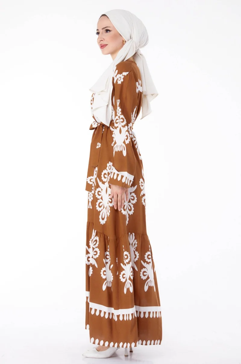 Tofisa Plain Crew Neck Women's Tan Ethnic Patterned Dress - 25601