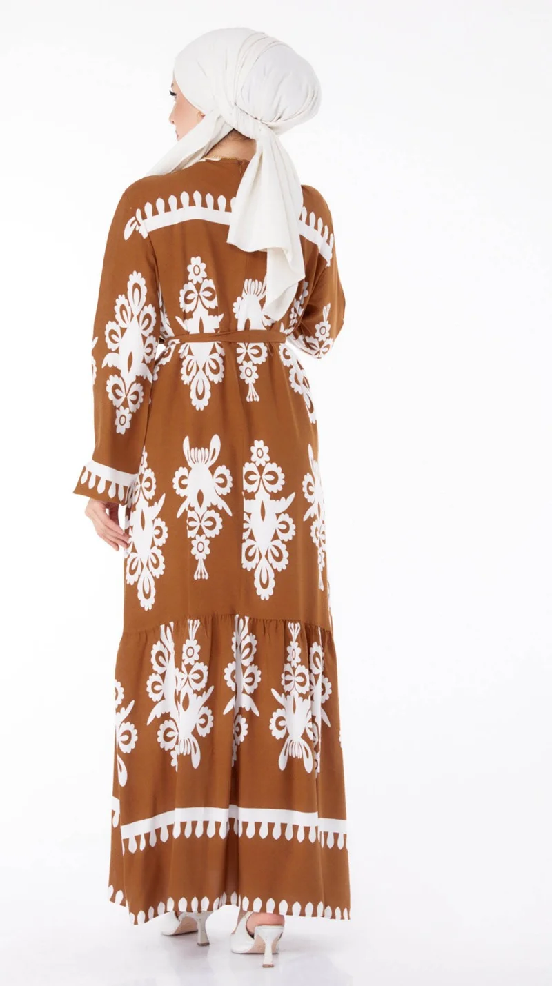 Tofisa Plain Crew Neck Women's Tan Ethnic Patterned Dress - 25601